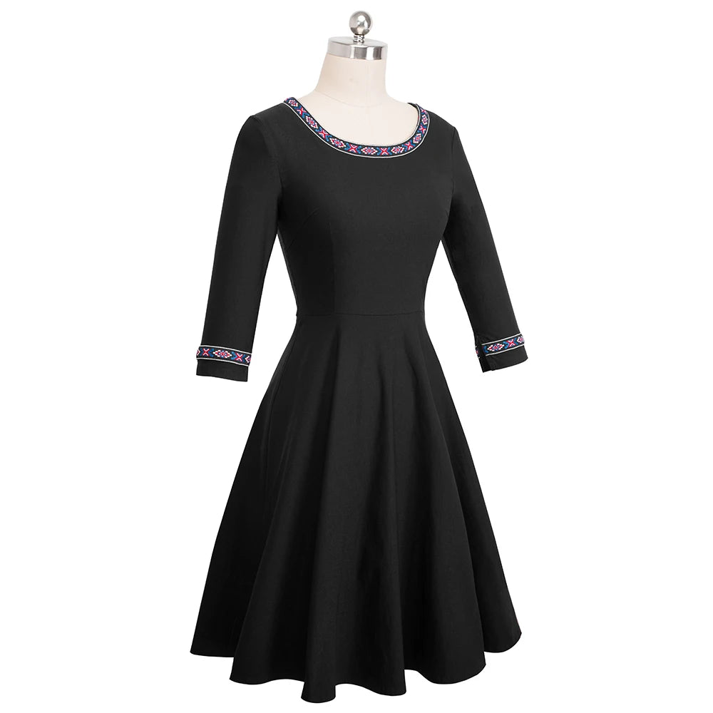 Nice-forever Spring Elagnt Embroidery Patchwork Black Dresses Casual Retro A-Line Pinup Women Flare Dress btyA066 Nice-forever Spring Elagnt Embroidery Patchwork Black Dresses Casual Retro A-Line Pinup Women Flare Dress btyA066